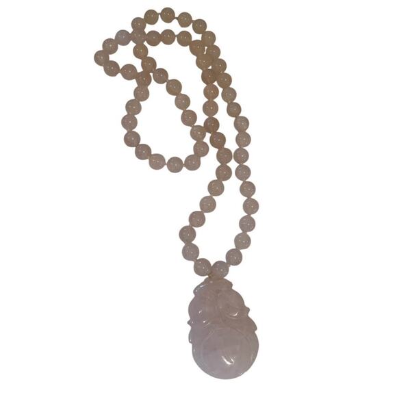 Antique Chinese Curved Pink Rose Quartz Plum Pendant Bead Necklace - Picture 2 of 9